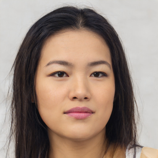 Neutral asian young-adult female with long  brown hair and brown eyes