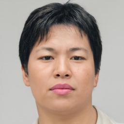 Neutral asian young-adult female with short  brown hair and brown eyes