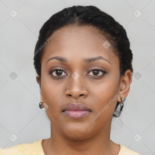 Neutral black young-adult female with short  black hair and brown eyes