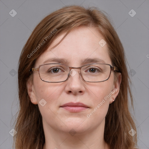 Joyful white adult female with medium  brown hair and grey eyes