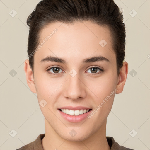 Joyful white young-adult female with short  brown hair and brown eyes