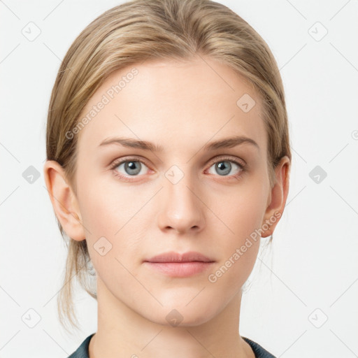 Neutral white young-adult female with medium  brown hair and grey eyes