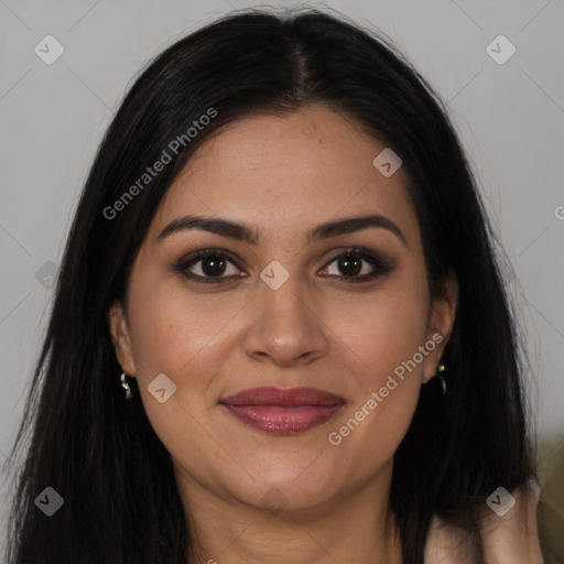 Joyful latino young-adult female with long  brown hair and brown eyes