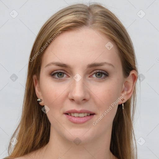 Joyful white young-adult female with long  brown hair and grey eyes