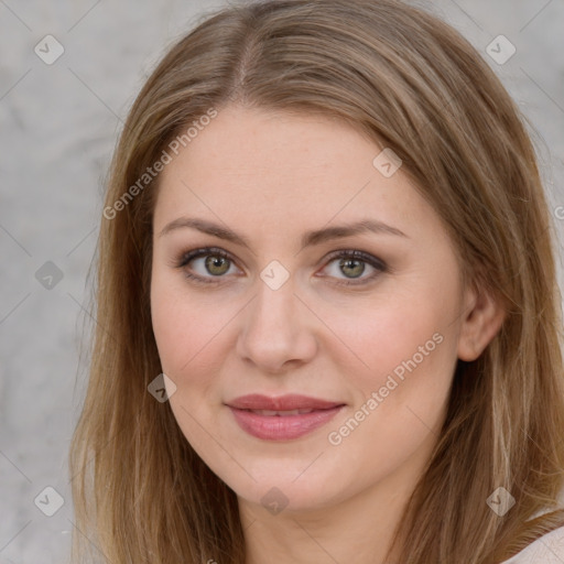 Joyful white young-adult female with long  brown hair and green eyes