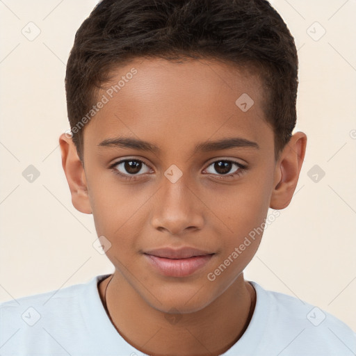 Joyful white child female with short  brown hair and brown eyes