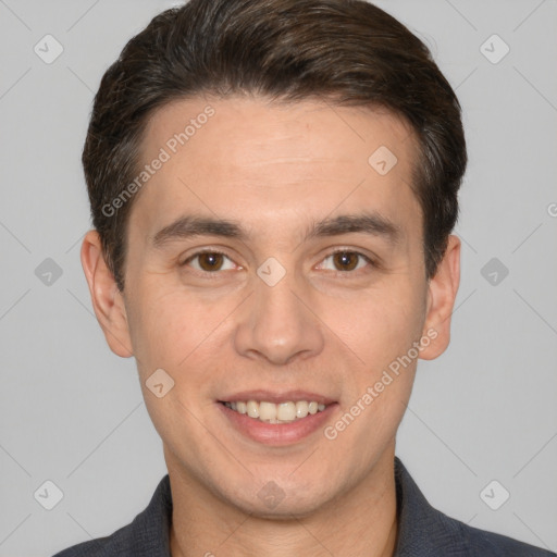 Joyful white young-adult male with short  brown hair and brown eyes