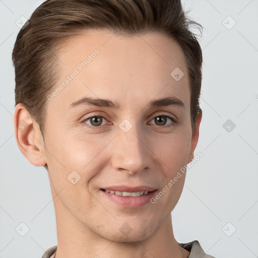 Joyful white young-adult female with short  brown hair and grey eyes