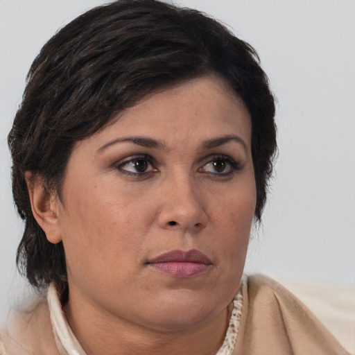 Neutral white adult female with medium  brown hair and brown eyes