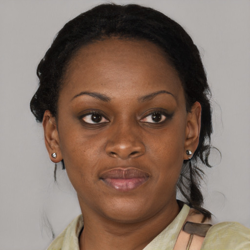 Joyful black young-adult female with medium  brown hair and brown eyes