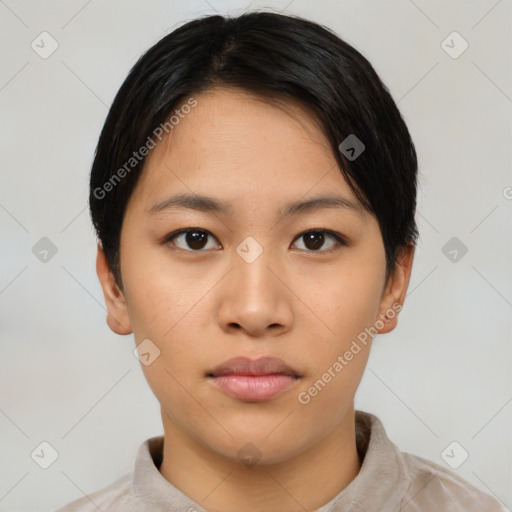 Neutral asian young-adult female with short  black hair and brown eyes