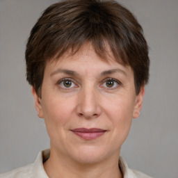 Joyful white adult female with short  brown hair and grey eyes