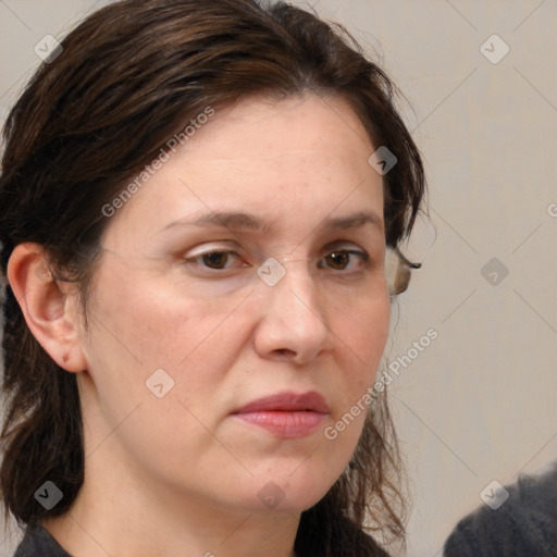 Neutral white adult female with medium  brown hair and brown eyes