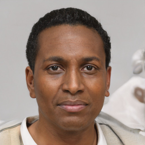 Neutral black young-adult female with short  black hair and brown eyes