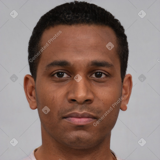 Neutral black young-adult male with short  brown hair and brown eyes