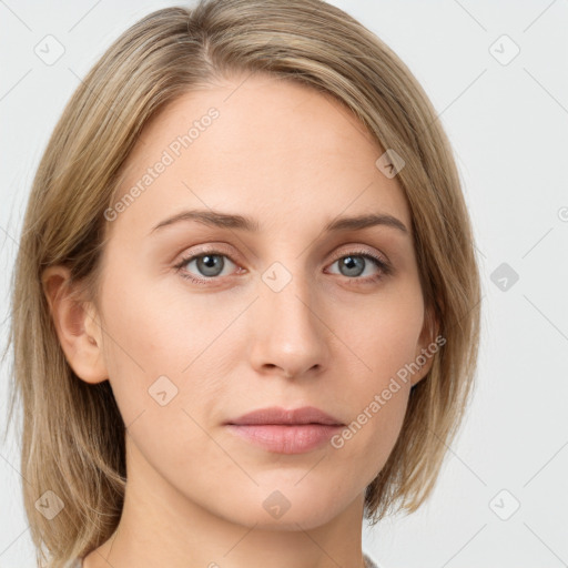 Neutral white young-adult female with medium  brown hair and grey eyes