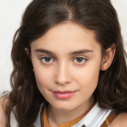 Joyful white child female with medium  brown hair and brown eyes