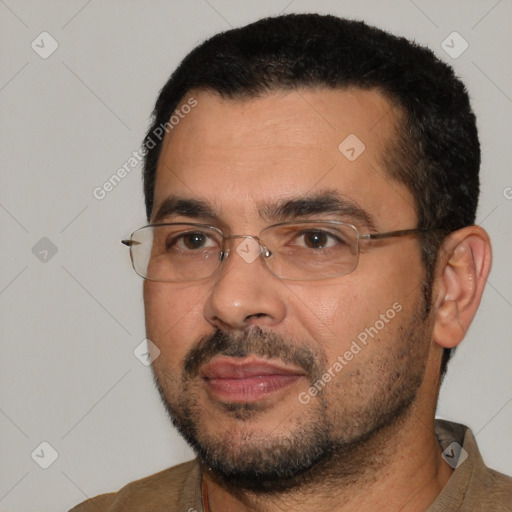 Neutral white adult male with short  black hair and brown eyes