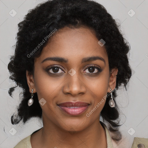 Joyful black young-adult female with medium  black hair and brown eyes