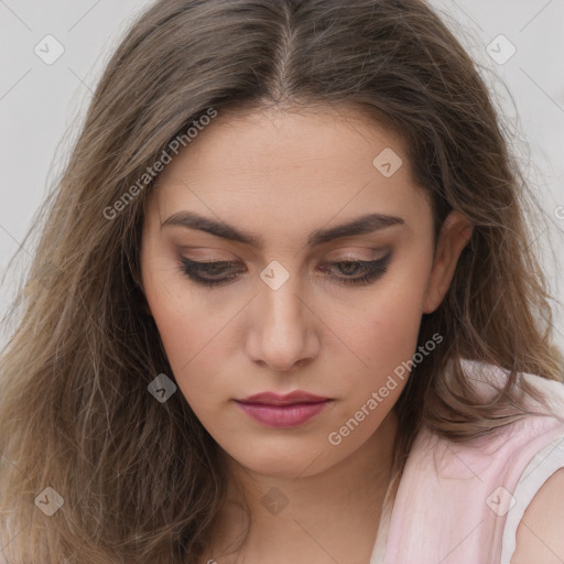 Neutral white young-adult female with long  brown hair and brown eyes