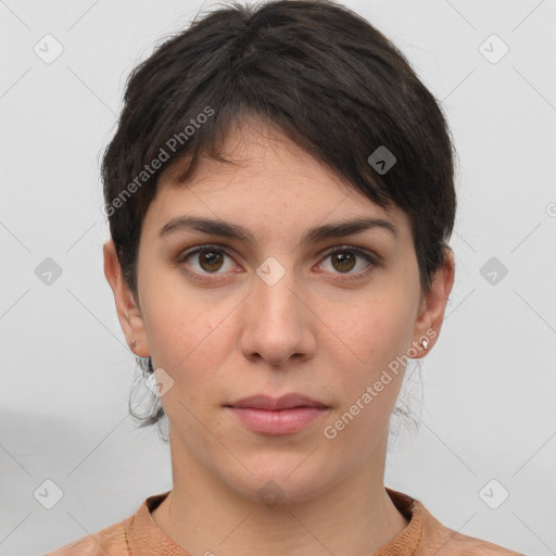 Neutral white young-adult female with short  brown hair and brown eyes