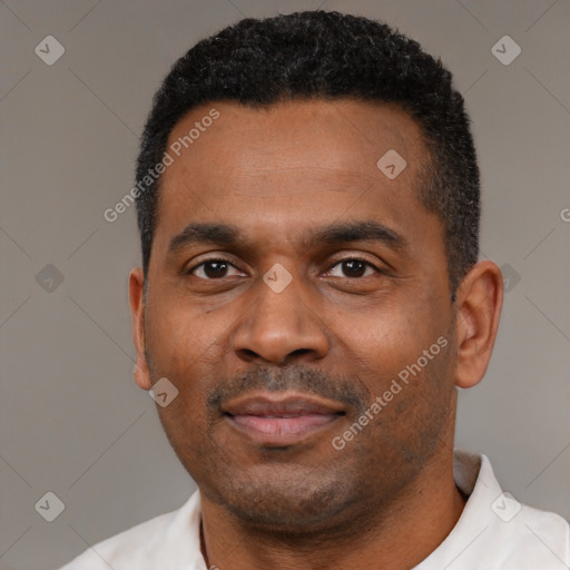 Neutral black young-adult male with short  black hair and brown eyes