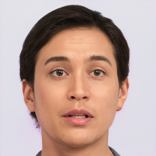 Neutral asian young-adult male with short  brown hair and brown eyes