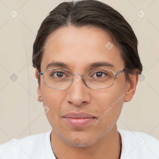 Joyful white adult female with short  brown hair and brown eyes