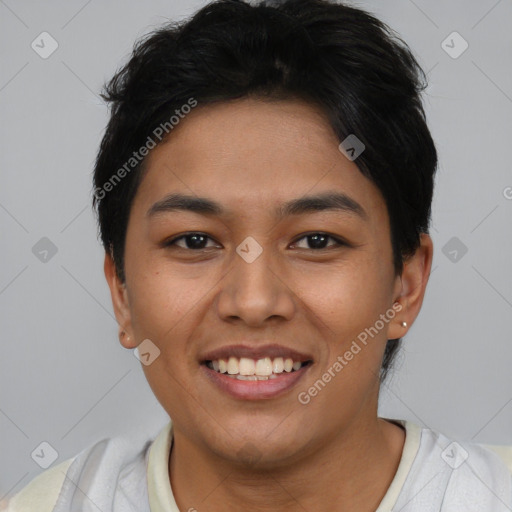 Joyful asian young-adult female with short  brown hair and brown eyes