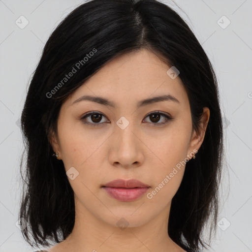 Neutral asian young-adult female with long  brown hair and brown eyes