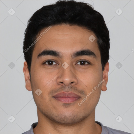 Neutral latino young-adult male with short  black hair and brown eyes