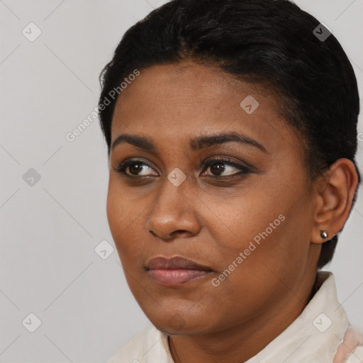 Joyful black young-adult female with short  brown hair and brown eyes