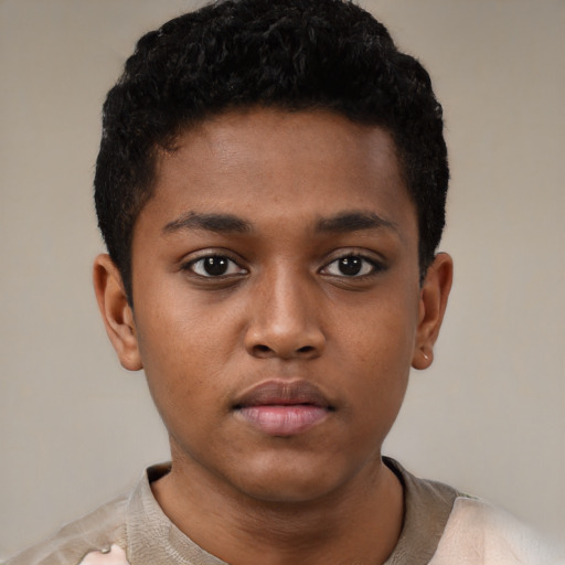 Neutral black young-adult male with short  black hair and brown eyes