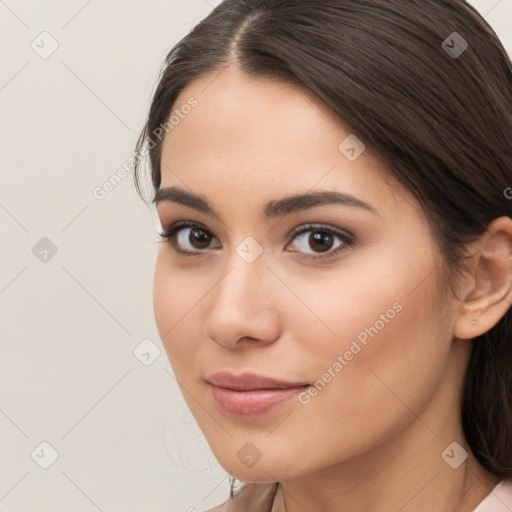 Neutral white young-adult female with long  brown hair and brown eyes