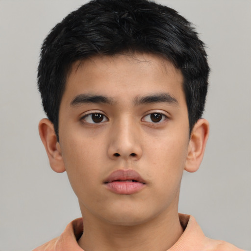 Neutral asian child male with short  black hair and brown eyes