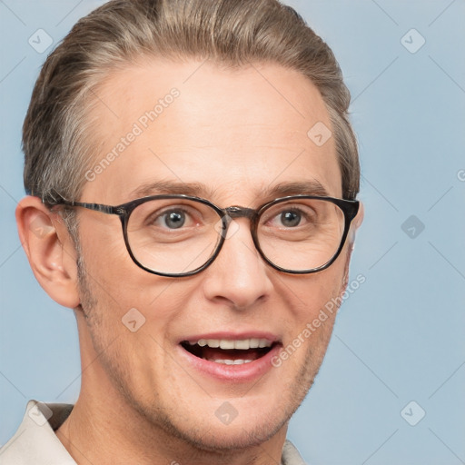 Joyful white adult male with short  brown hair and grey eyes