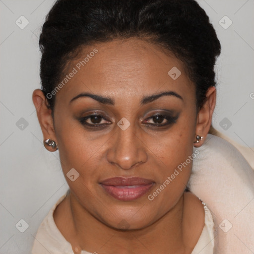 Joyful black adult female with short  brown hair and brown eyes