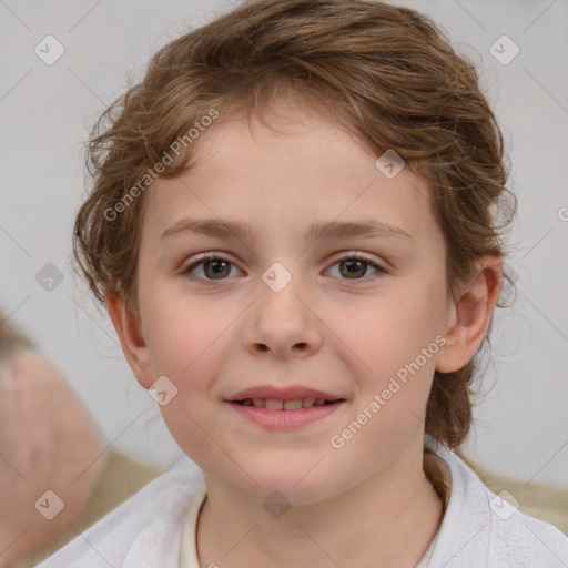 Joyful white child female with medium  brown hair and brown eyes