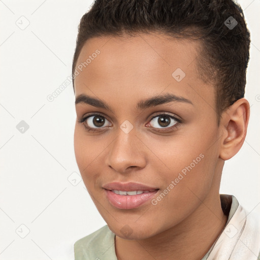 Joyful white young-adult female with short  brown hair and brown eyes