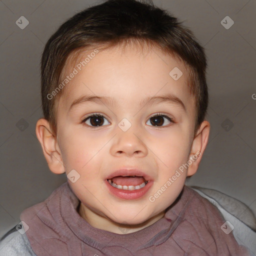 Joyful white child female with short  brown hair and brown eyes