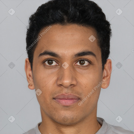 Neutral latino young-adult male with short  black hair and brown eyes