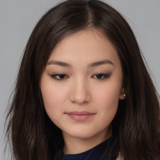 Neutral asian young-adult female with long  brown hair and brown eyes