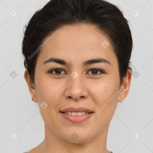 Joyful asian young-adult female with short  brown hair and brown eyes