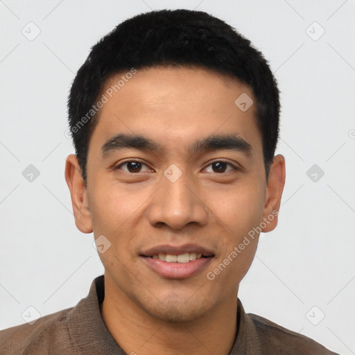 Joyful latino young-adult male with short  black hair and brown eyes