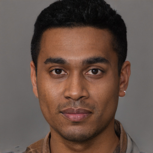 Neutral black young-adult male with short  black hair and brown eyes