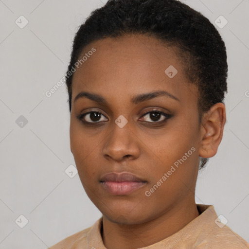 Neutral black young-adult female with short  brown hair and brown eyes