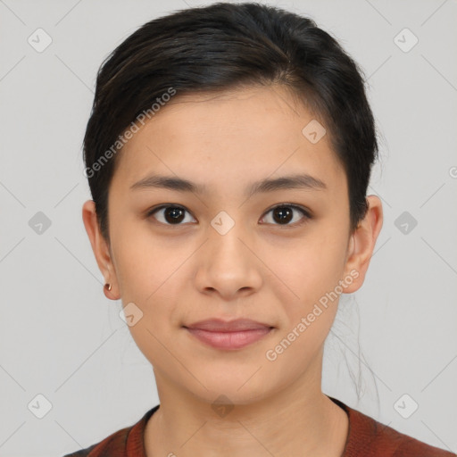 Joyful white young-adult female with short  brown hair and brown eyes