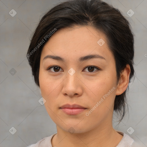 Neutral asian young-adult female with medium  brown hair and brown eyes