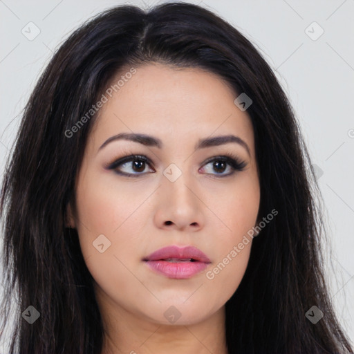 Neutral asian young-adult female with long  brown hair and brown eyes