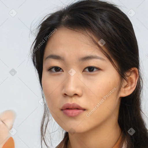 Neutral asian young-adult female with long  brown hair and brown eyes